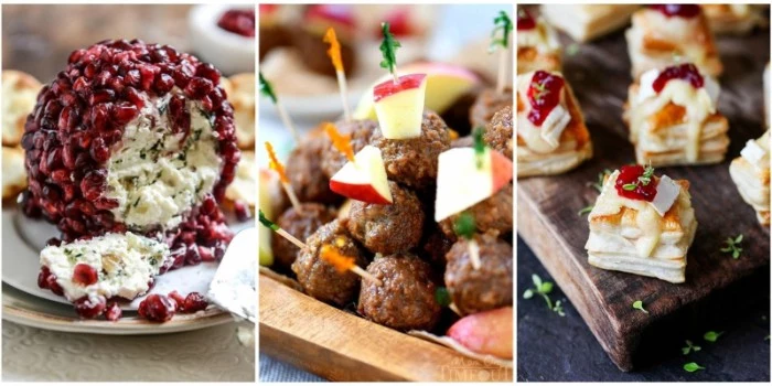 feta cheese covered in pomegranate seeds, cocktail meatballs with apple pieces, toasted bite-size cheese pastries