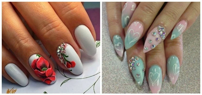 two example of almond-shaped manicure, oval nails in white, decorated with poppy drawings, and sharp nails in baby pink and blue, with rinestones and heart doodles