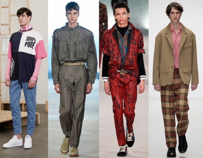 couture for men, inspired by 80s outfits guys, red and black patterned suit, michael jackson style, oversized trousers and sweaters, plaid trousers and a beige coat