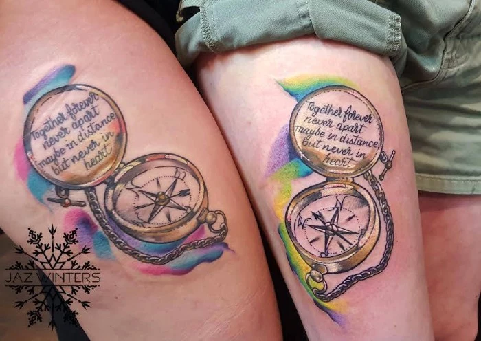 matching couple tattoos, realistic vintage compasses, with chains, done in full collor, and containing a romantic message