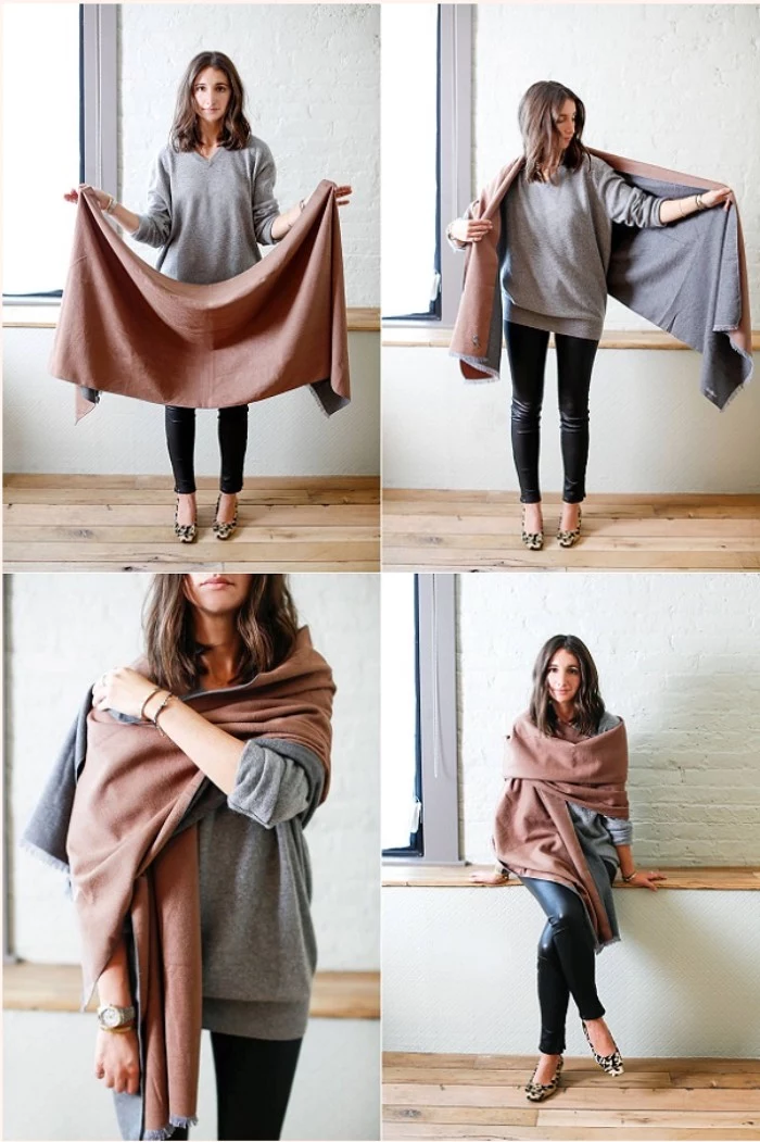 demonstration on how to wrap a blanket scarf, in four images, brunette woman black leggings, and a pale grey jumper, folding a brown and grey reversable shawl, around her shoulders