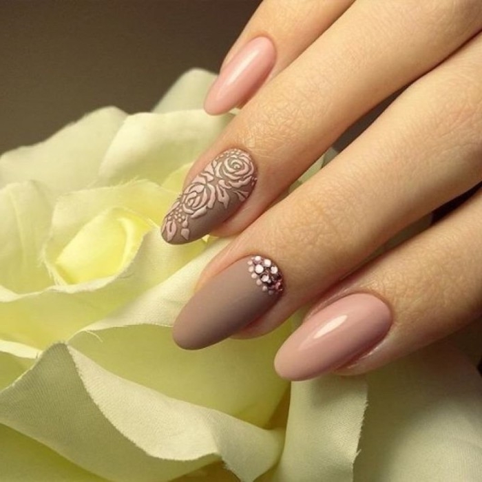 acrylic pink roses, on a brown matte nail polish, oval manicure in nude pink, and matte brown