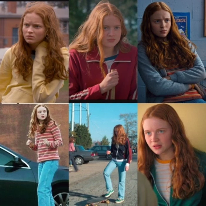six images of sadie sink, in her role of mad max, in stranger things, dressed in 80s sports apparel or streetwear, jeans and tracksuit jackets