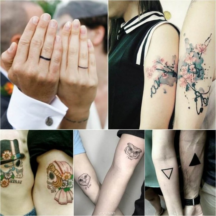 cherry blossoms and triangles, owls and skulls, and black wedding band finger tattoos, husband and wife tattoos, on a collage with five images