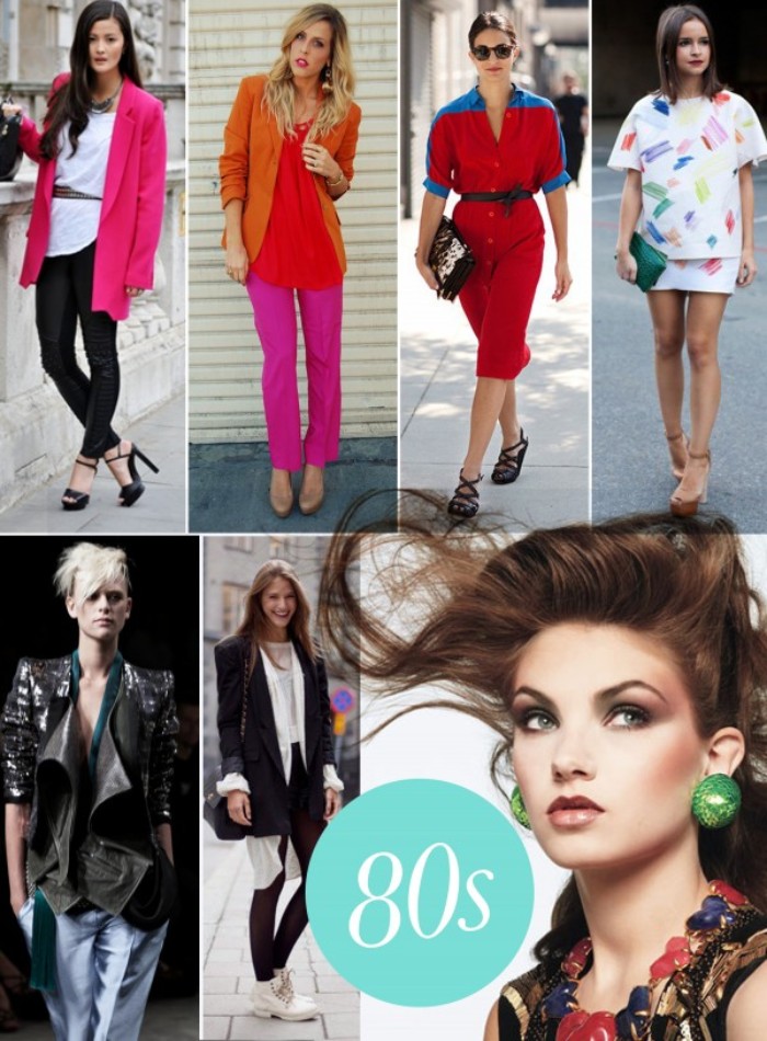 collage showing seven women, dressed in outfits, inspired by the 80s, bright neon colors, oversized garments and playful patterns, large jewelry pieces