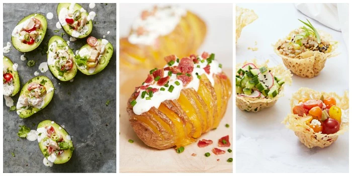 potato baked and garnished with white sauce, chives and bacon bits, stuffed avocados, and crispy tartlets with vegetables