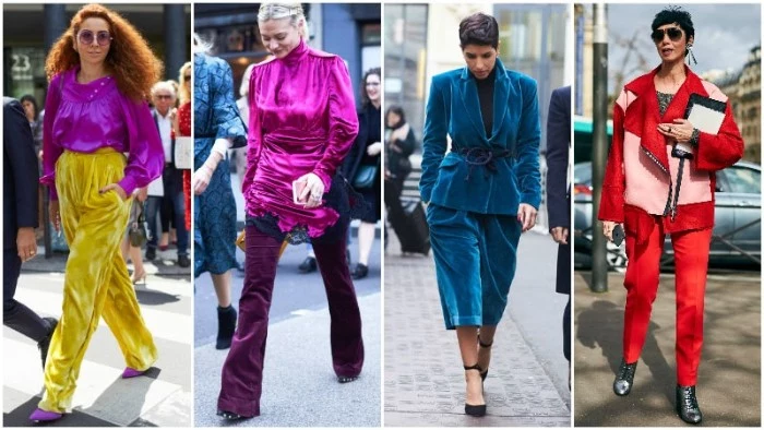 purple and yellow, teal and red outfits, inspired by the 80s, baggy shiny trousers, oversized suits and jackets, worn by four different women