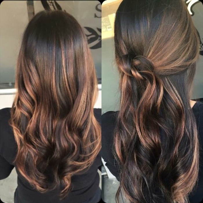 mocha colored balayage hair, with dark roots and caramel highlights, seen in two styles, one wavy and one featuring a knot-like detail