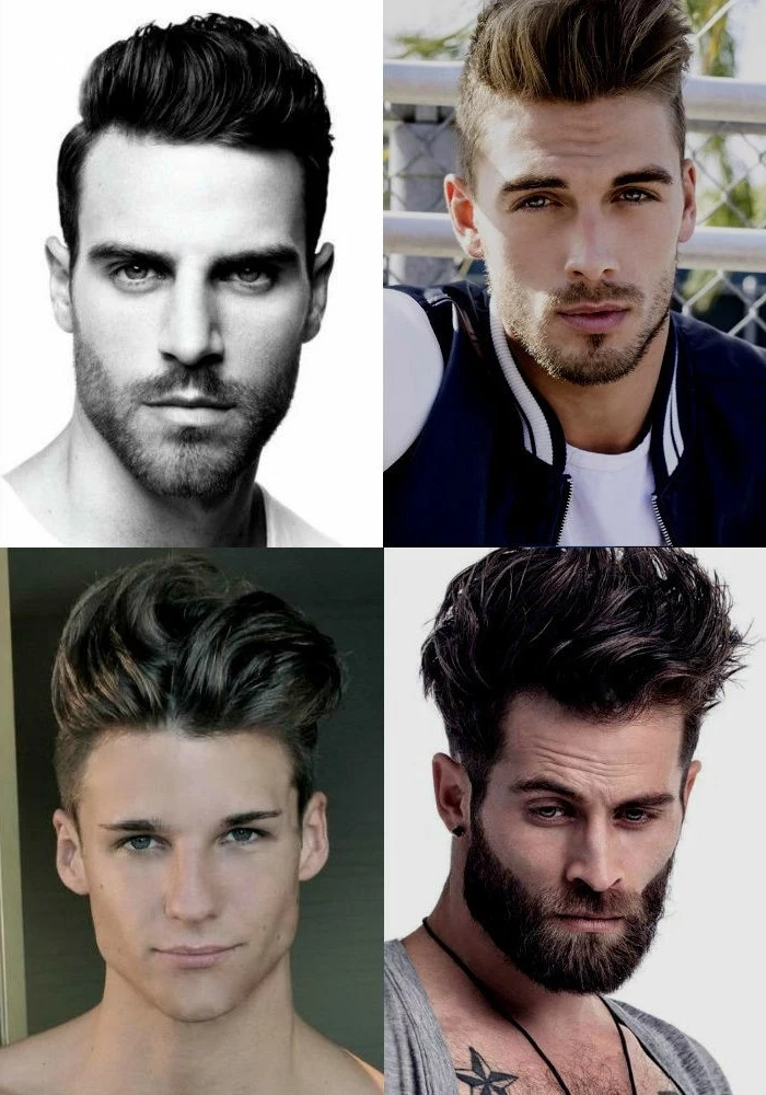 four examples of short sides long top haircut, worn by different men, some bearded and some shaven, quiff style hair