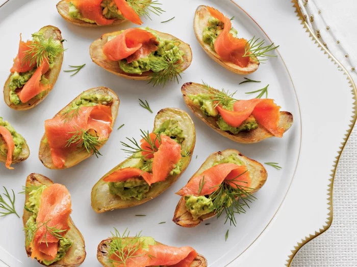 dill and smoked salmon fillets, on small pieces of toasted bread, hor d oeuvres ideas, with guacamole