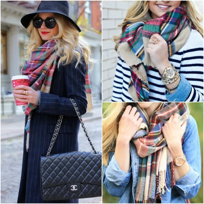 chanel black leather bag, worn by a blonde woman, with a long pinstripe blazer, a black felt hat, and a plaid scarf around her neck, blanket shawl ideas, two other images show casual ways of wearing a scarf