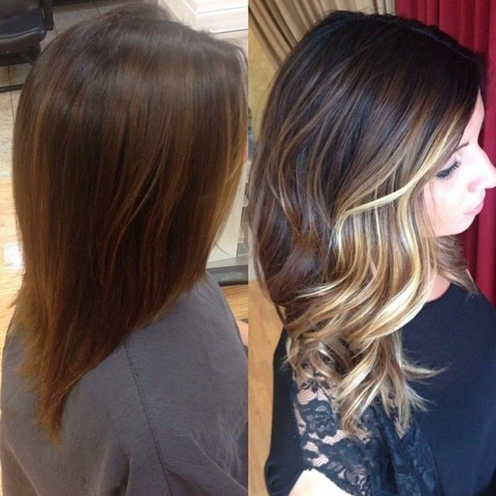 glossy shoulder length hair, brunette with caramel highlights, next image shows a woman, with balayage hair, in dark brown and light blonde