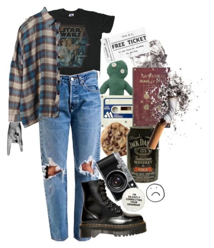 ripped jeans and a vintage, star wars t-shirt, a flannel shirt and black doc martens, 80s outfits guys or girls, camera and other items