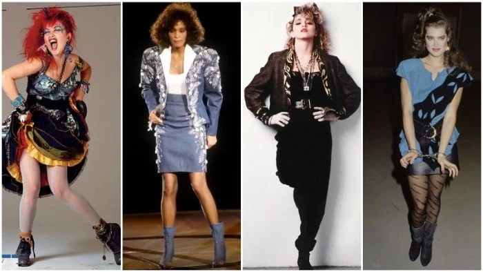 icons from the 80s, cyndi lauper and whitney houston, madonna and brooke shields, dressed in vintage clothing, 80s halloween costumes, inspired by stars
