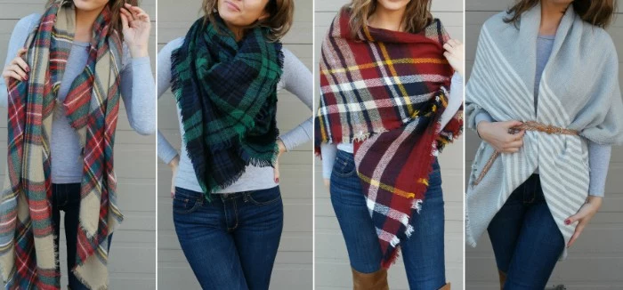 different oversized scarves, tied in four ways, and worn with jeans, and pale jumpers, ways to wear a blanket scarf 