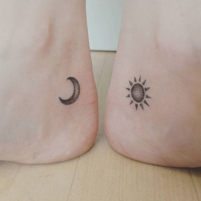 pointilist minimalistic tattoos, of a small sun and moon, matching bestfriend tattoos, done near the heels of two pale feet