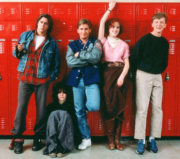 cast of the breakfast club, dressed in plaid shirts and jeans, denim and baseball jackets, long skirts and trainers, 80s costumes men and women