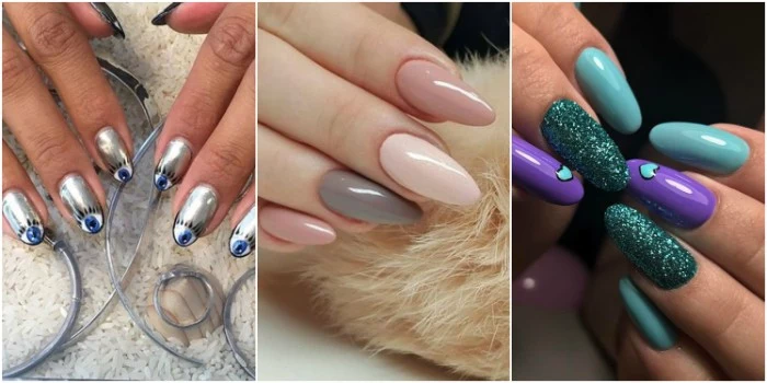 collage with three examples of almond nail designs, metallic silver manicure with eye motifs, turquoise and violet nails with glitter, manicure in pastel colors