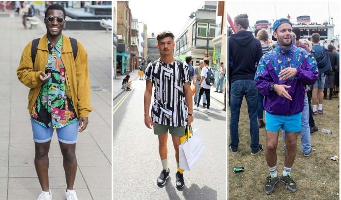 mustard yellow jacket, over denim shorts, and a multicolored patterned shirt, black and white t-shirt, and khaki shorts, and a blue jacket with light blue shorts, 80s costumes men, on three guys