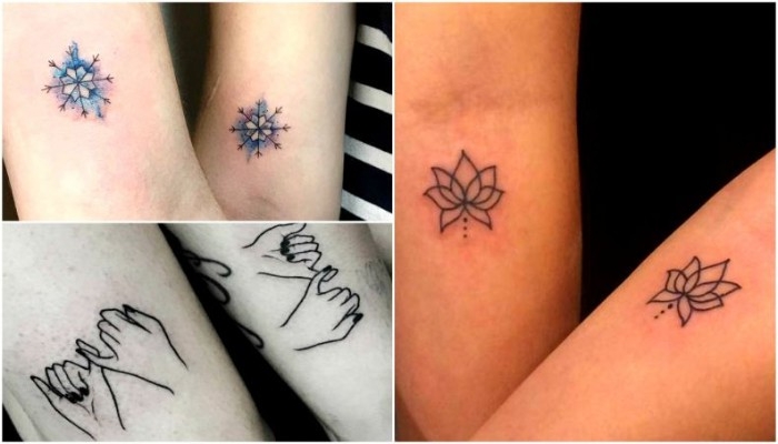ideas for matching friend tattoos, in three photos, minimalistic lotuses, small black and blue snowflakes, lineart pinky swears