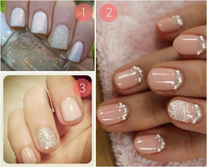 examples of nude nails with glitter, and gem decal stones, fine and textured silver glitter, iridescent and nude nail polish