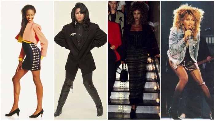 80's dress up ideas, inspired by vintage black celebrities, janet jackson and tina turner, and others, over-the-knee black leather boots, oversized blazers and short skirts, denim jackets and maxi skirts