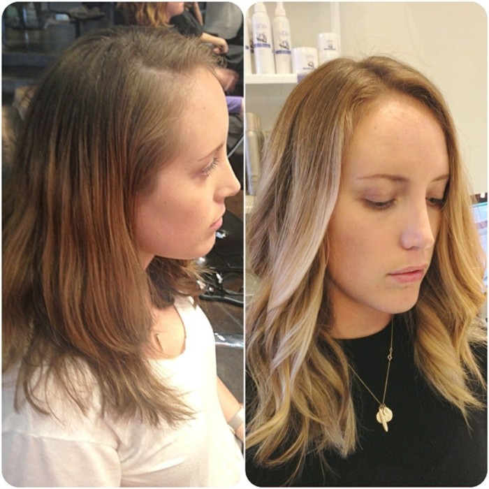 brown hair with blonde highlights, before and after photos, slim young girl with light brunette hair, next image shows her wearing wavy balayage do