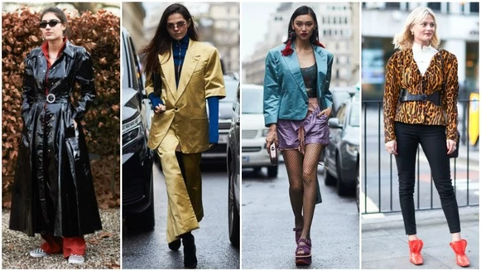 maxi black vinyl trench coat, beige oversized two-piece suit, teal blazer with purple shorts, and an animal-print jacket, worn over black leggings, four different 80s inspired outfits