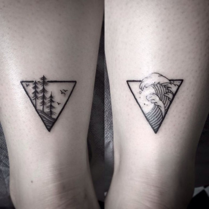 waves and a forest with trees, done with black ink, inside two triangular shapes, minimalistic matching tattoos, for couples or friends