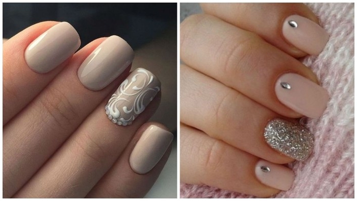 examples of nude nail designs, one featuring hand-painted white swirls, the other decorated with silver glitter, and silver gem stickers