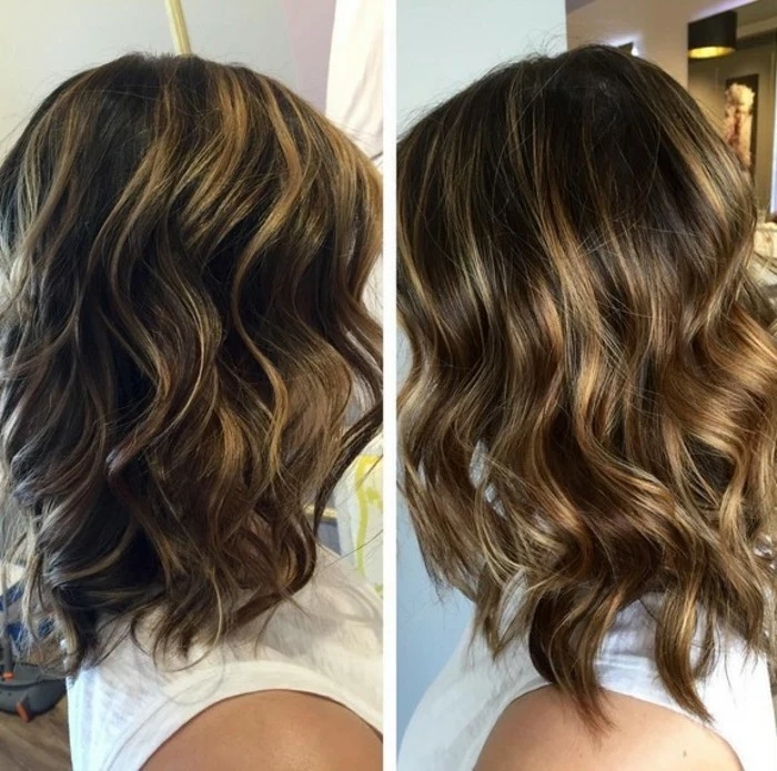 images showing the difference, between brown hair with blonde highlights, and brunette hair, with dark blonde balayage
