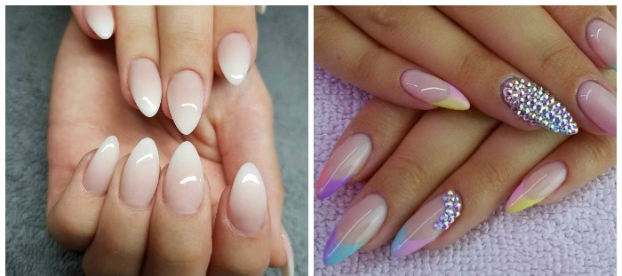ombre effect french manicure on pointy nails, and a long, multicolored almond-shaped manicure, decorated with rhinestones
