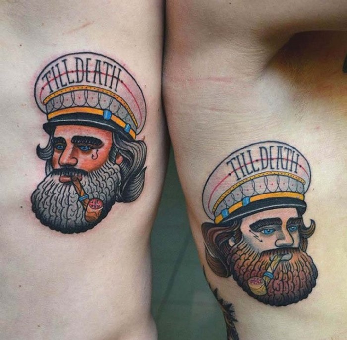 captains with beards and pipes, wearing hats saying till death, sailor-style vintage tattoos, matching bestfriend tattoos 