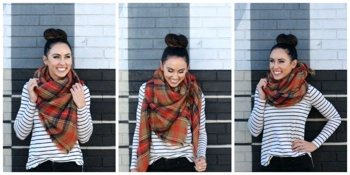 strped white jumper, worn by a smiling brunette woman, with a top knot, demonstrating ways of wrapping a plaid oversized scarf, in three images