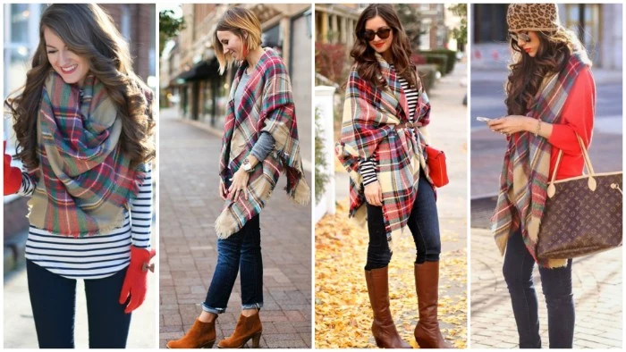 examples of scarf outfits, demonstrated by four slim, young brunette women, wearing jeans and striped jumpers