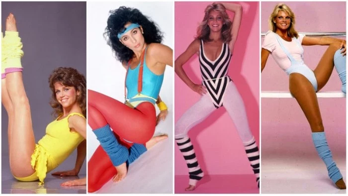 spandex working out clothes, red and pink leggings, yellow and blue legwarmers, bodysuits and headbands, 80s halloween costumes, inspired by cher and other celebrities