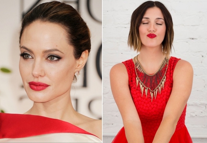 two images side by side, one showing a close up of angelina jolie, with red lipstick, and black eyeliner and mascara, holiday makeup 2017, the other image shows a young woman, with chin length hair, wearing a red dress, and red lipstick