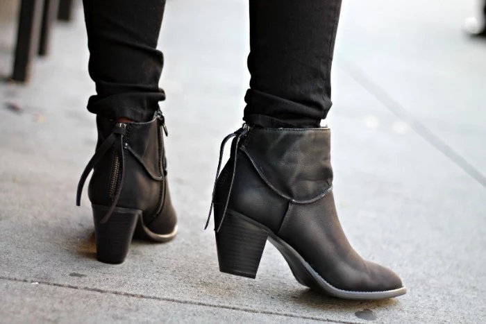 zip detail on black, leather ankle boots, with small heels, what is a capsule wardrobe, essential shoes for winter