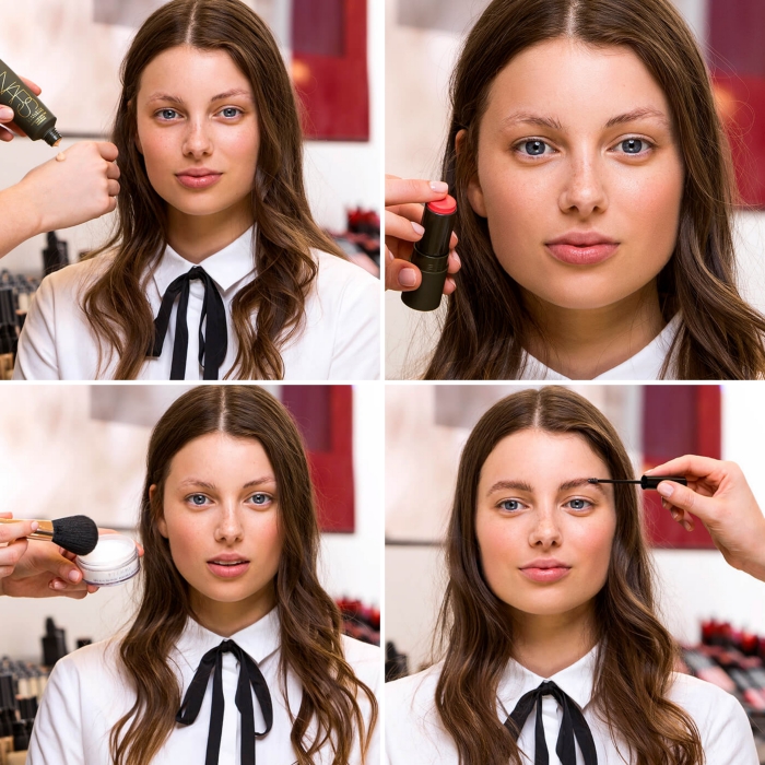 tutorial with photos, showing how to apply christmas makeup, artist putting foundation and blush, powder and eyebrow fix, on a young brunette woman