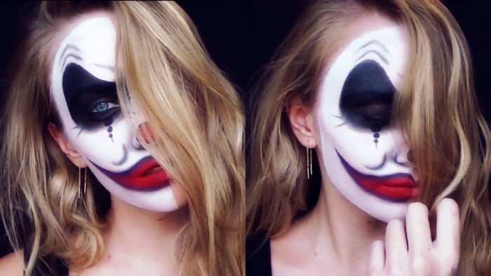 evil clown makeup, worn by a blonde woman, with wavy shoulder length hair, seen from two angles