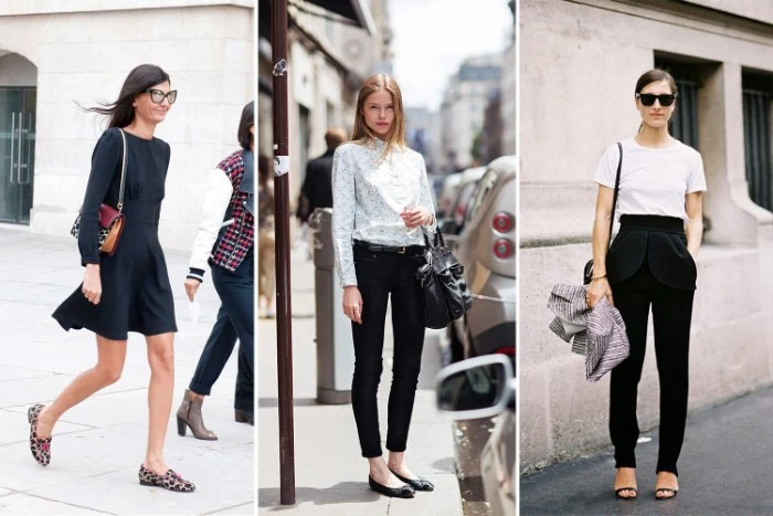 mini dress in black, skinny black trousers, and a light button up shirt, white t-shirt and smart black trousers, three capsule closet ideas