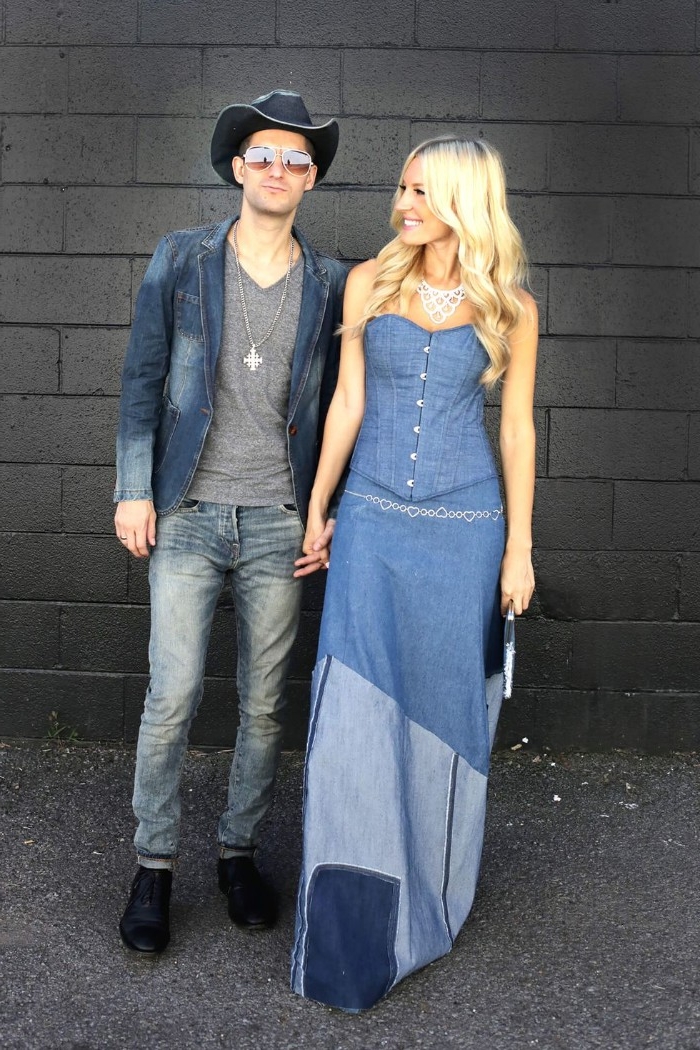 denim maxi patchwork dress, worn by a smiling blonde woman, holding hands with a man, dressed in jeans, a denim jacket and a denim hat, funny couple halloween costumes, britney spears and justin timberlake