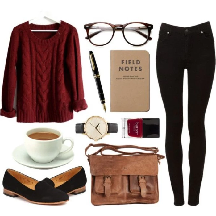 loafers in black suede, and a brown leather satchel, black skinny trousers, and a pair of glasses, burgundy cable knit sweater, and various accessories