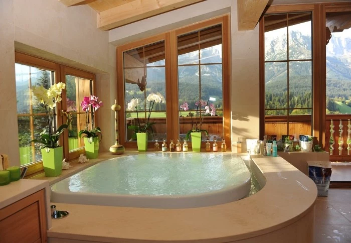 master bath remodel, rustic cabin like house, containing a white hot tub, surrounded by several orchids, in light green pots, windows with mountain view