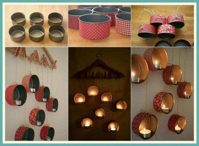 tin cans decorated with red and white patterned paper, and transformed into candle holders, tutorial in six steps 