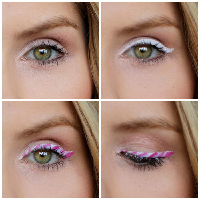 christmas makeup looks, how to create peppermint candy eyeliner, explained in four photos, applying white pencil, and adding pink stripes