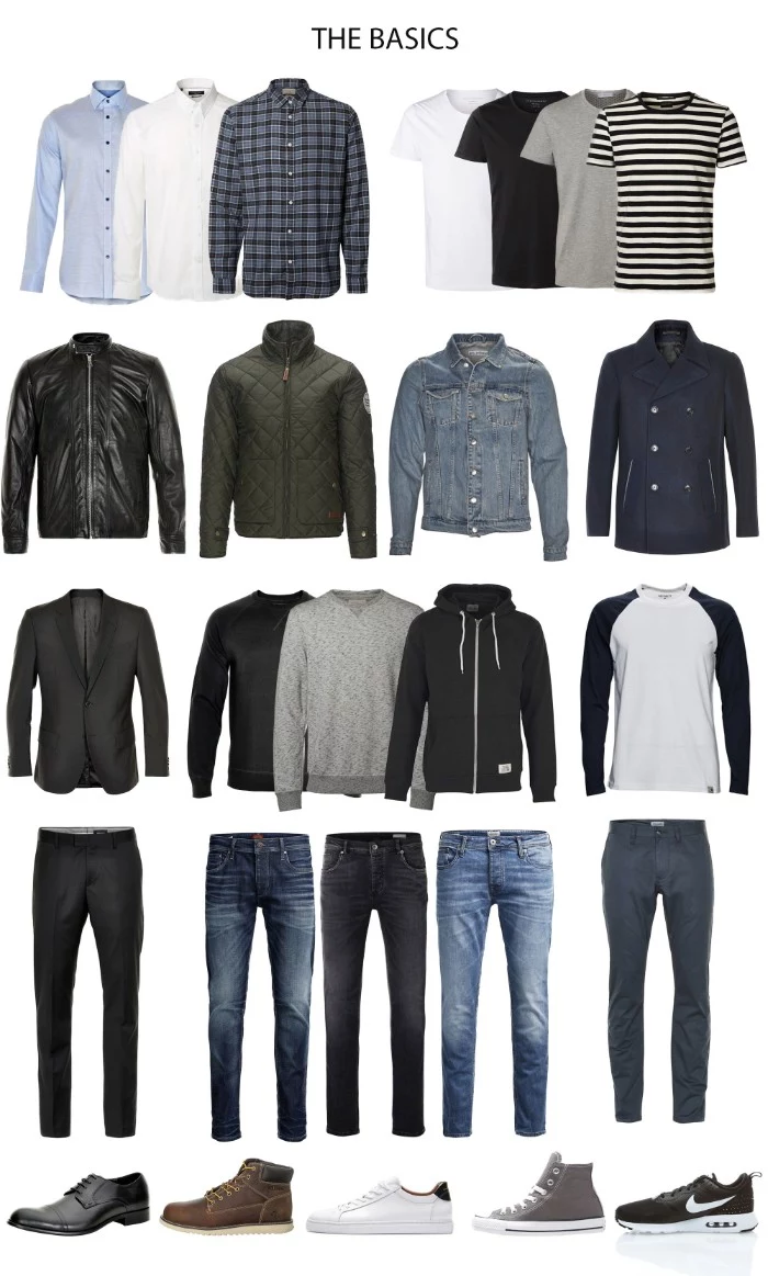 men's wardrobe essentials, three different shirts, four t-shirts and four jackets, jeans and trousers, sweaters and blazers, four pairs of shoes