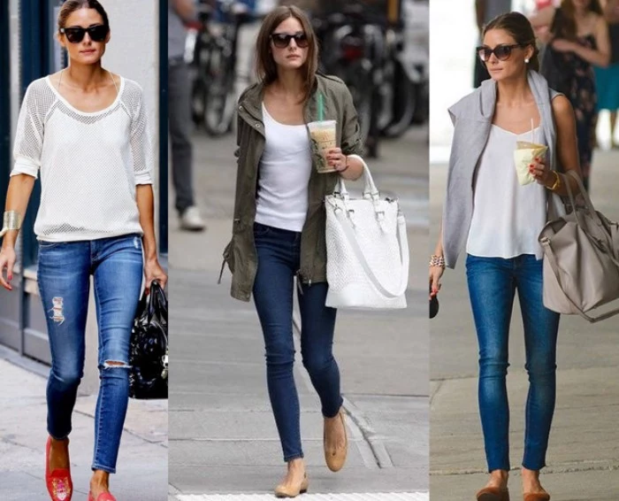 combining blue jeans, with white t-shirts, young brunette woman, demonstrating three different casual outfits, with capsule wardrobe essentials