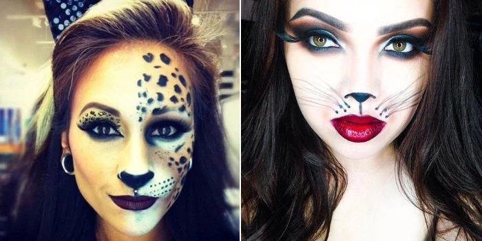 leopard face paint, decorating one half of a woman's face, next image shows a pale young woman, with red lipstick, hand-painted cat whiskers, and a cat nose