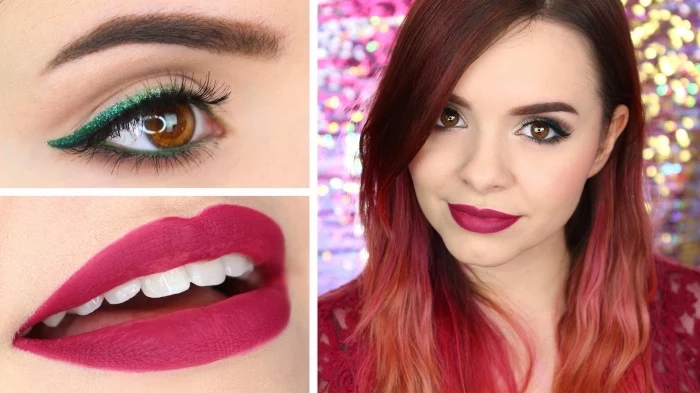 matte dark pink lipstick, worn by a smiling young woman, with brown and pink ombre hair, and shimmering green eyeliner